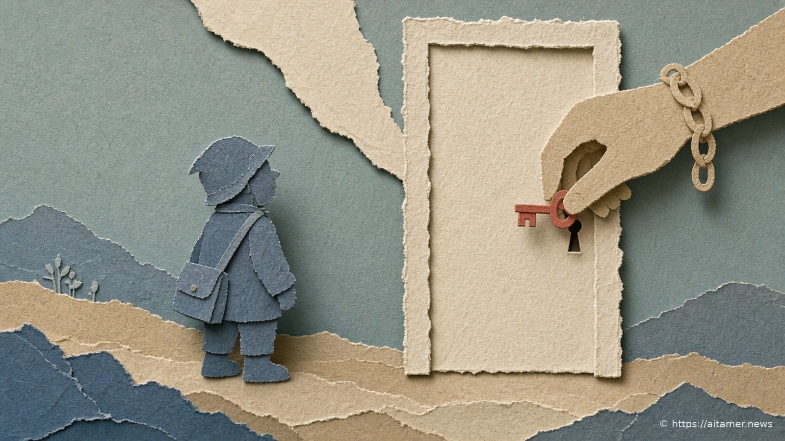 Paper-cut illustration of a small courier figure with a satchel waiting at a closed door while a hand reaches past it to turn a key in the lock.
