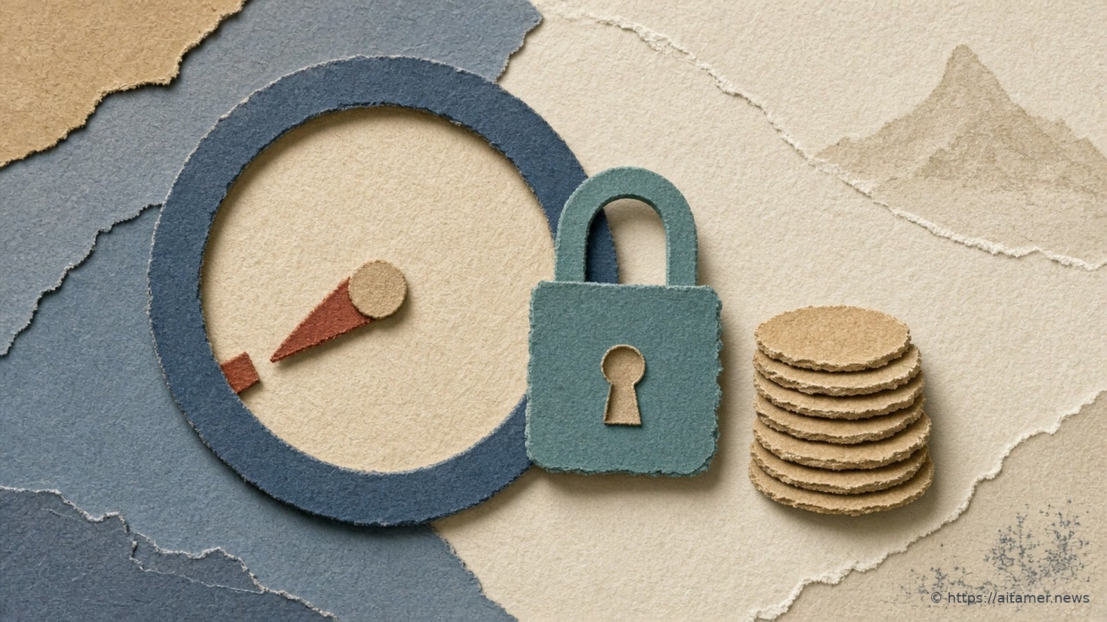 A slate-blue paper gauge and padlock beside a short stack of tan paper coins on layered cream paper.