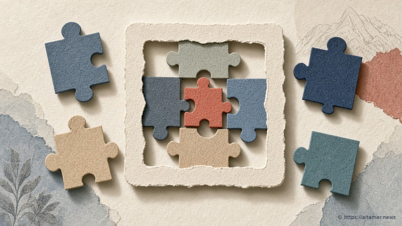 Paper-cut illustration of four loose puzzle pieces in different colours around one shared frame that already holds several fitted pieces.