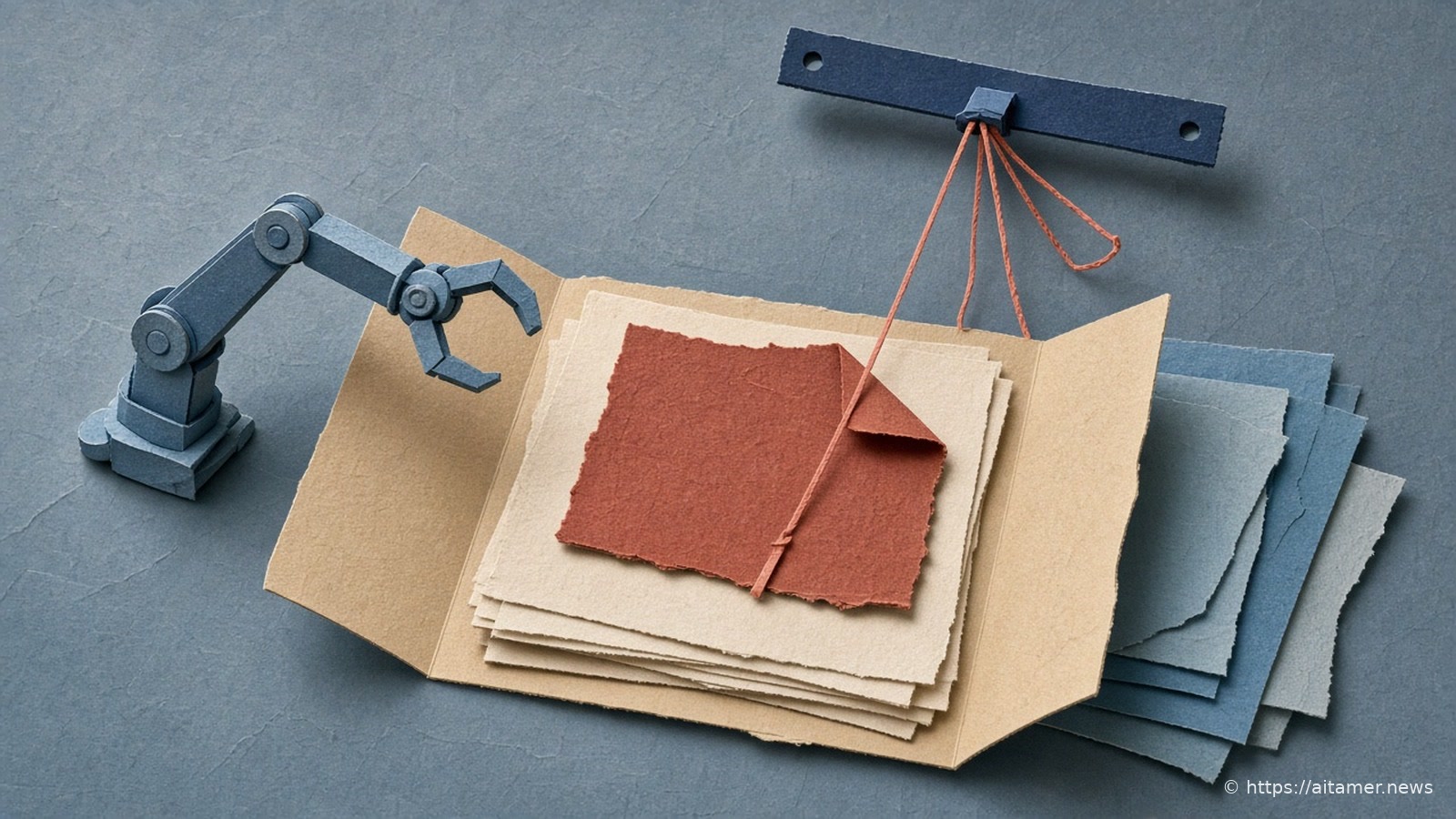 Cut-paper illustration of an open folder of blank sheets where one rust-red sheet is tied by a thread to a marionette control bar as a robot arm reaches in.