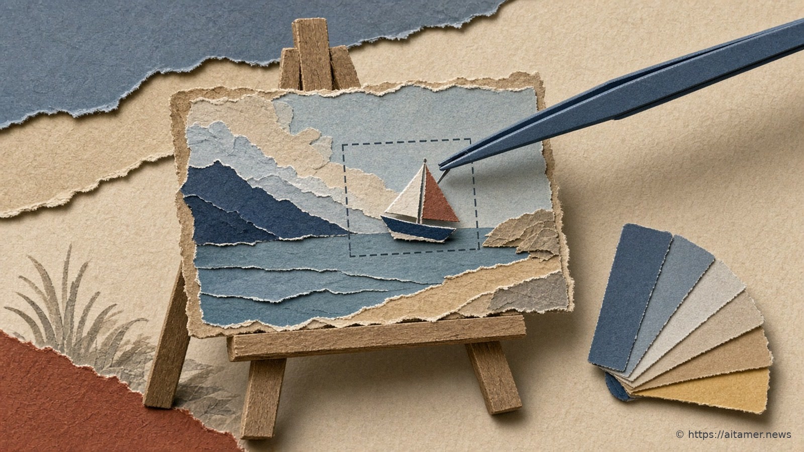 Paper-cut easel with a seascape where tweezers place a small sailboat inside a dashed box, beside a fan of muted swatch cards.