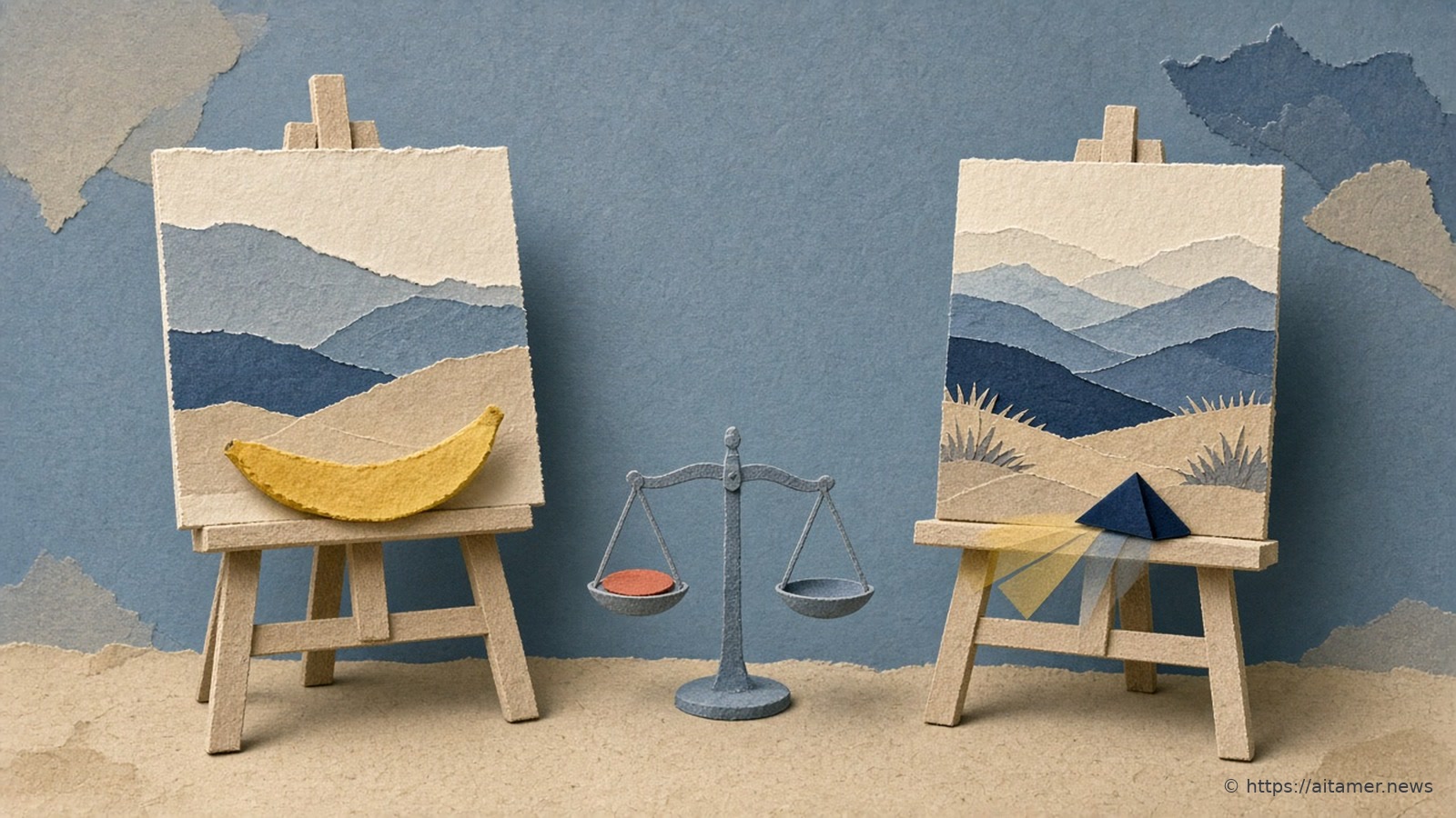 Cut-paper illustration of two easels with the same landscape, one with a banana-shaped brush rest and one with a prism, and a small balance scale between them.