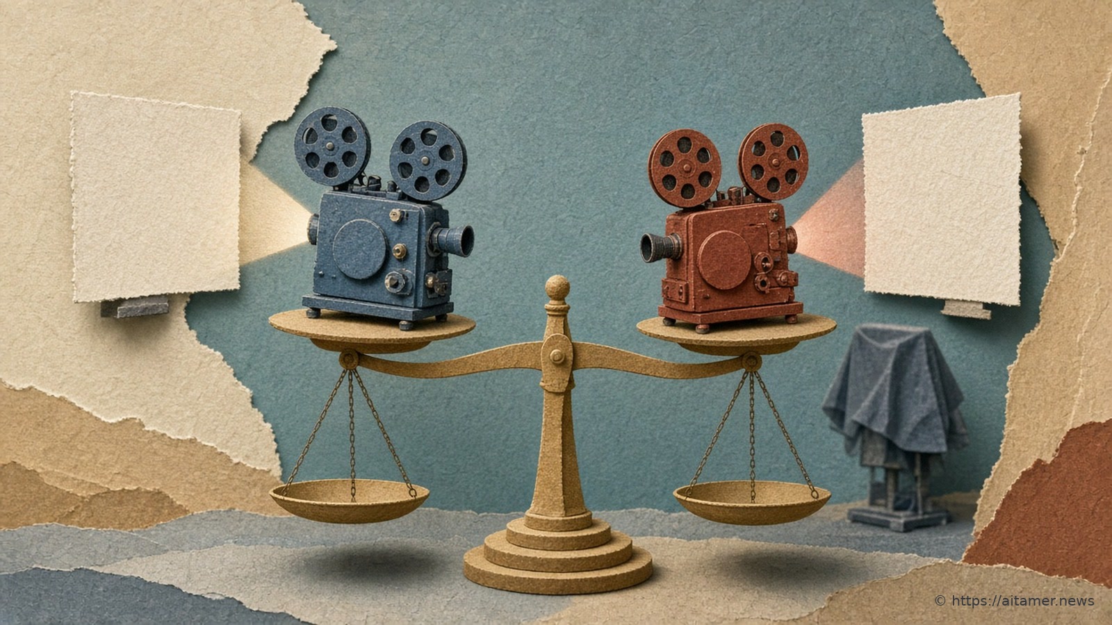 Two paper-cut film projectors, slate blue and rust red, on a balance scale, each lighting a blank screen, with a third covered projector in the background.