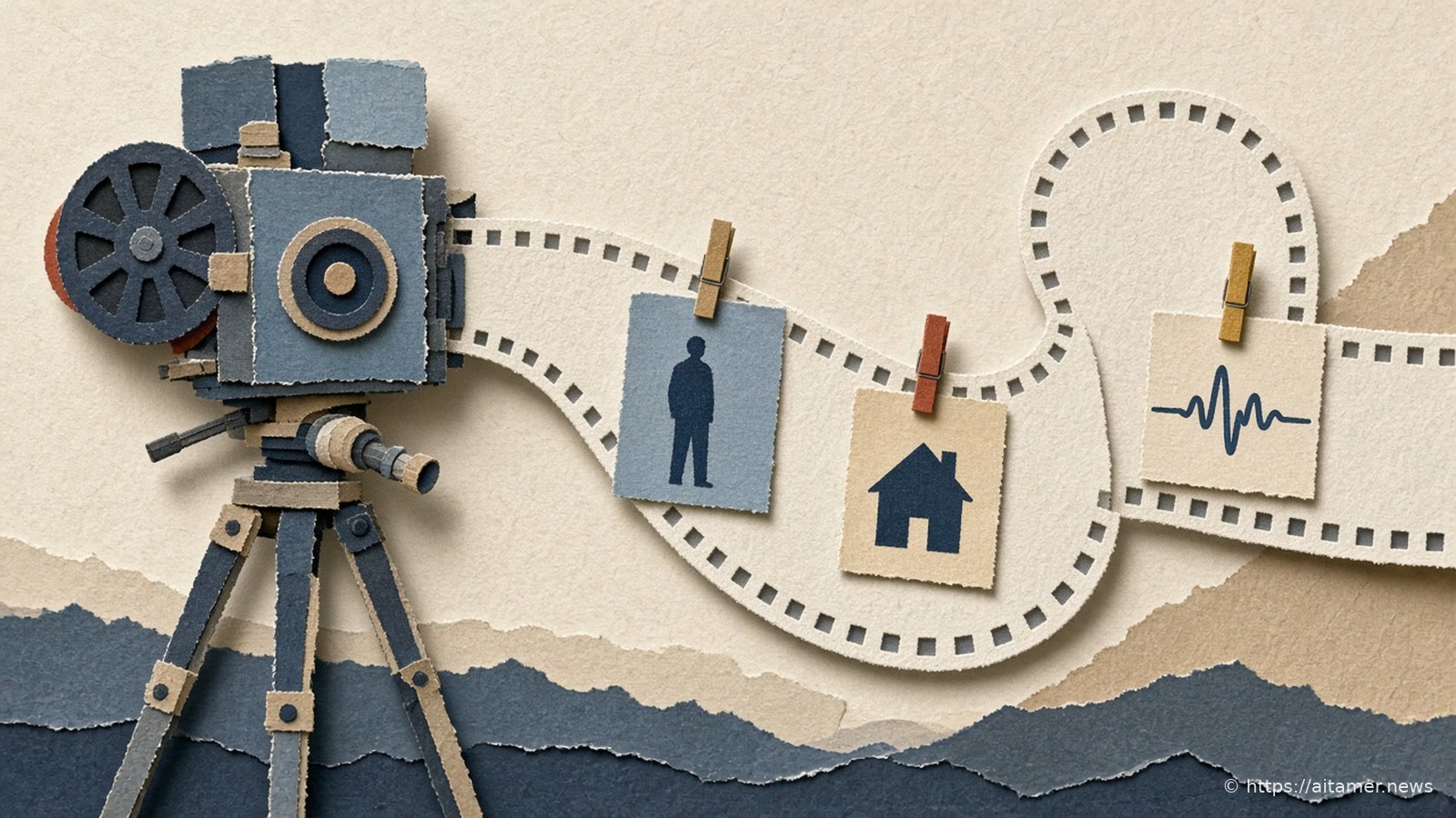 Paper-cut vintage movie camera on a tripod feeding one long unbroken film strip, with three small reference cards clipped along it, on cream and slate layers.