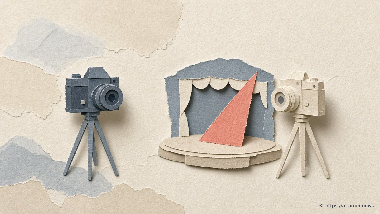 Two cut-paper cameras on tripods, one slate blue and one cream, facing a small paper stage lit by a coral spotlight beam.
