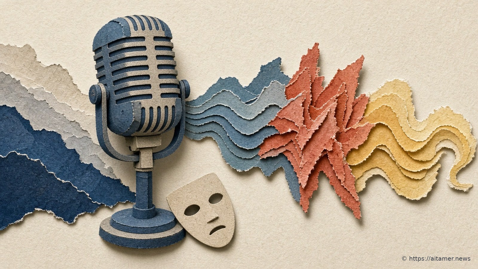 Paper-cut studio microphone with layered sound waves flowing out in blue, coral and yellow, a blank theatre mask at its base.