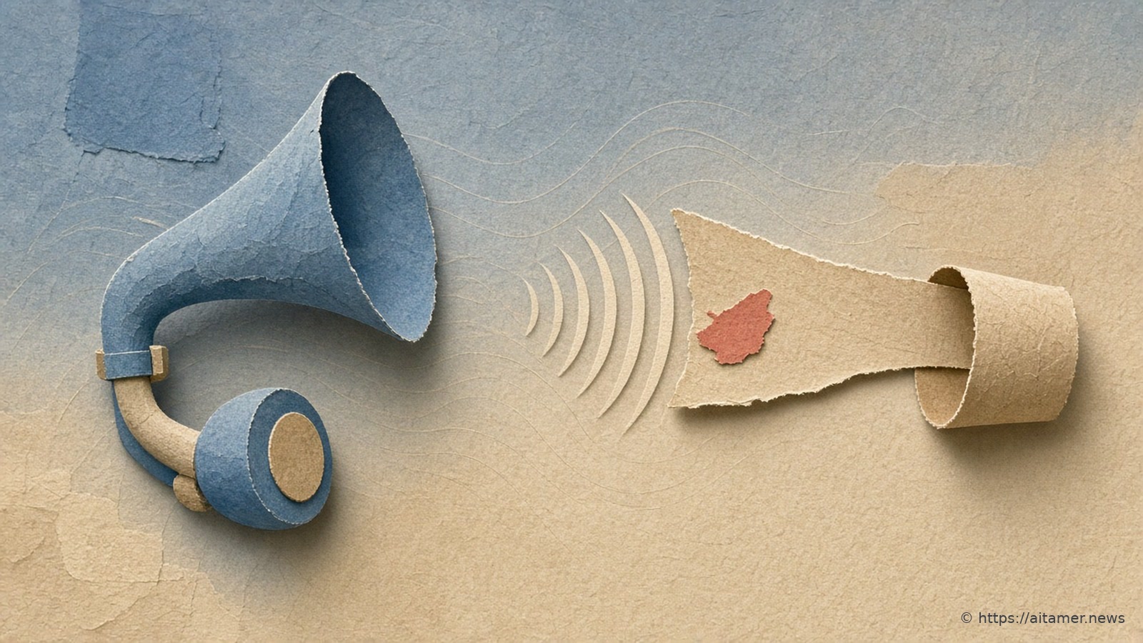 A paper-cut collage of two paper horns facing each other, one turning into a telephone handset and the other unrolling a script into sound waves.