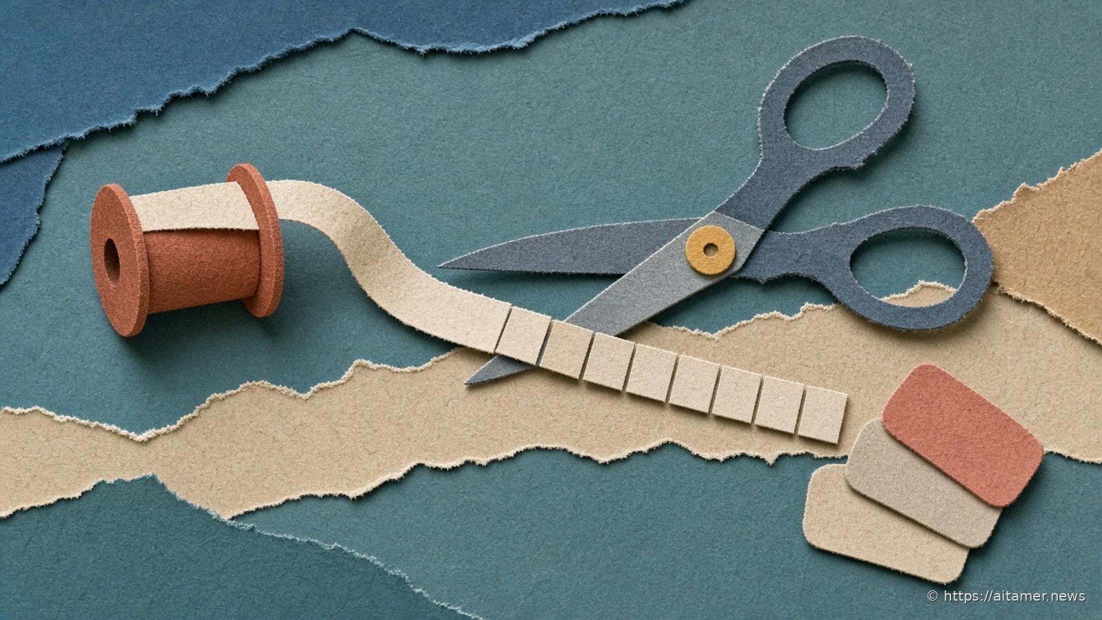 Paper-cut illustration of a rust spool feeding a cream ribbon into slate scissors that cut it into a row of small equal squares, larger rounded tiles set aside, on muted teal layers.