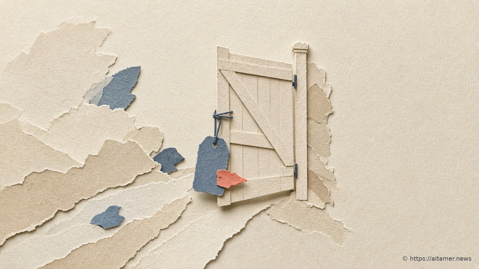 A cream paper garden gate standing open, with a slate blue tag and a small coral flag hanging from its latch.