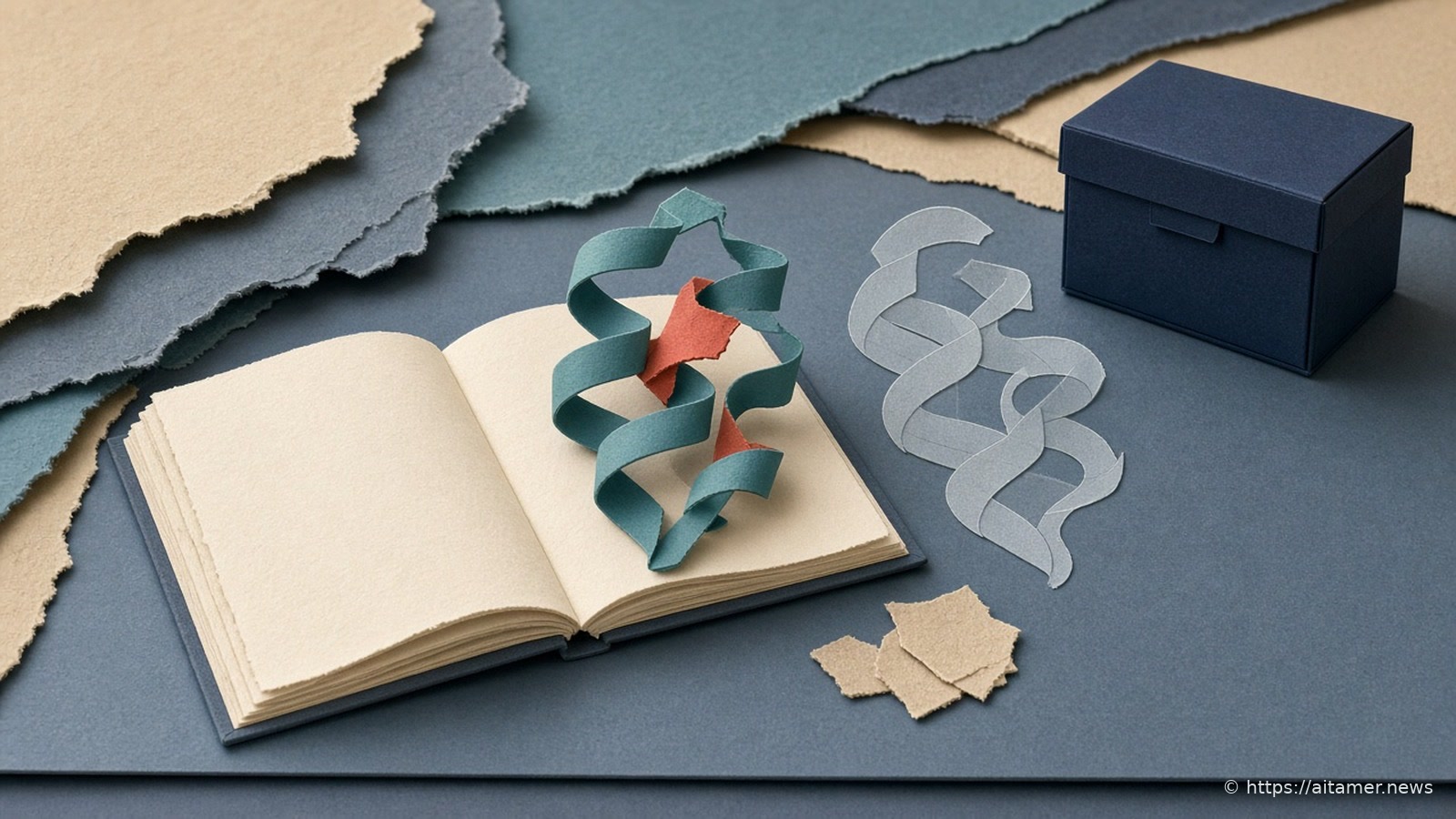 Cut-paper illustration of an open booklet with a half-built protein ribbon model rising from it beside a larger unfinished outline and a lockbox.
