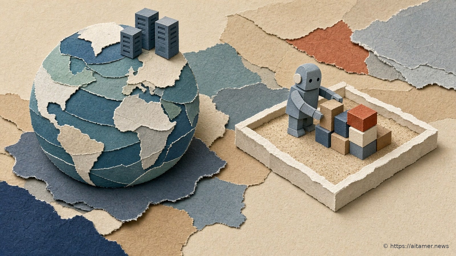 A paper-cut collage of a globe dotted with small server towers beside a walled sandbox tray where a small robot builds.