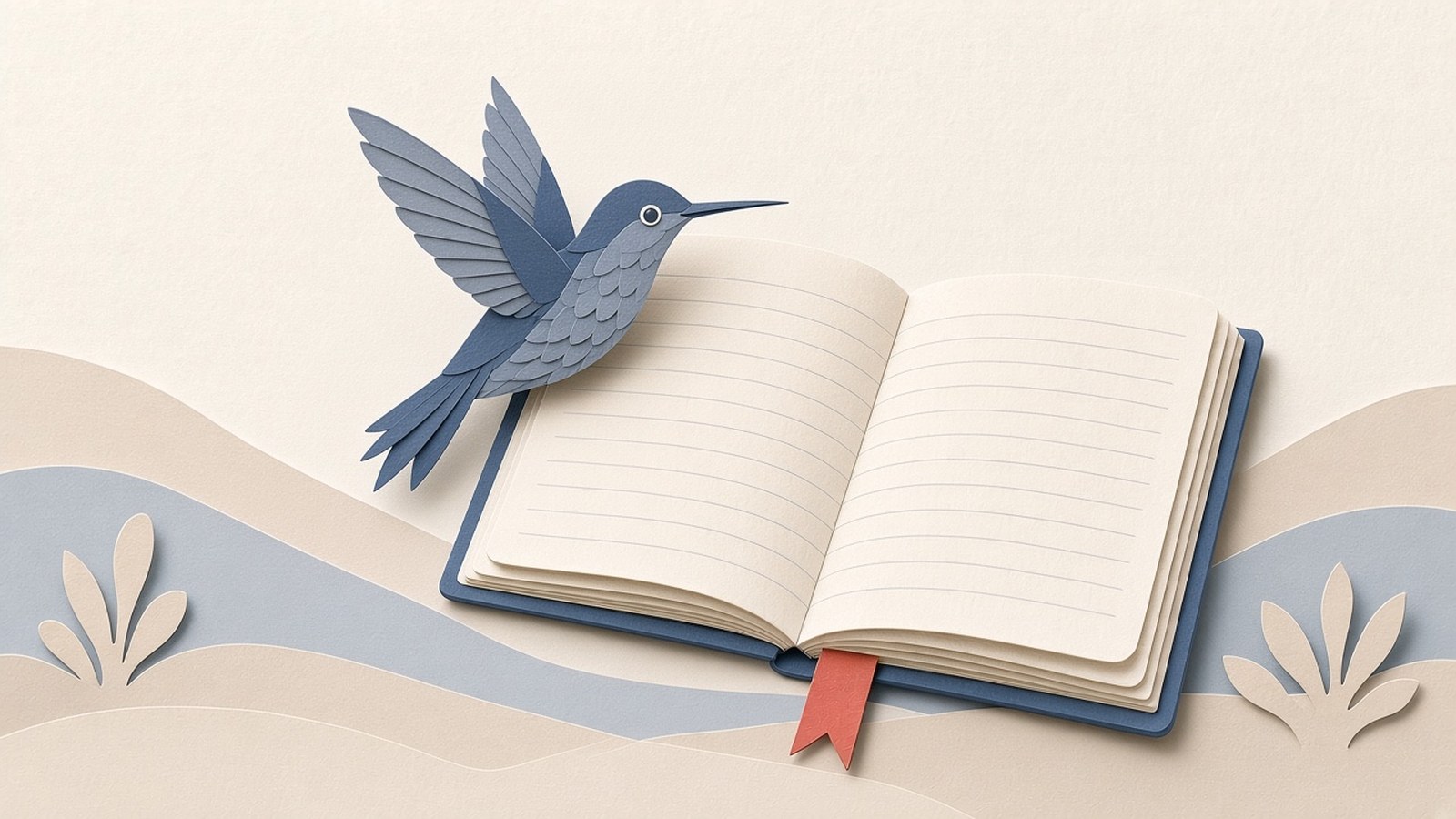 A paper-cut collage of a slate-blue hummingbird hovering over an open lined notebook with a small coral bookmark, with layered cream and pale blue paper hills and leaf sprigs behind.