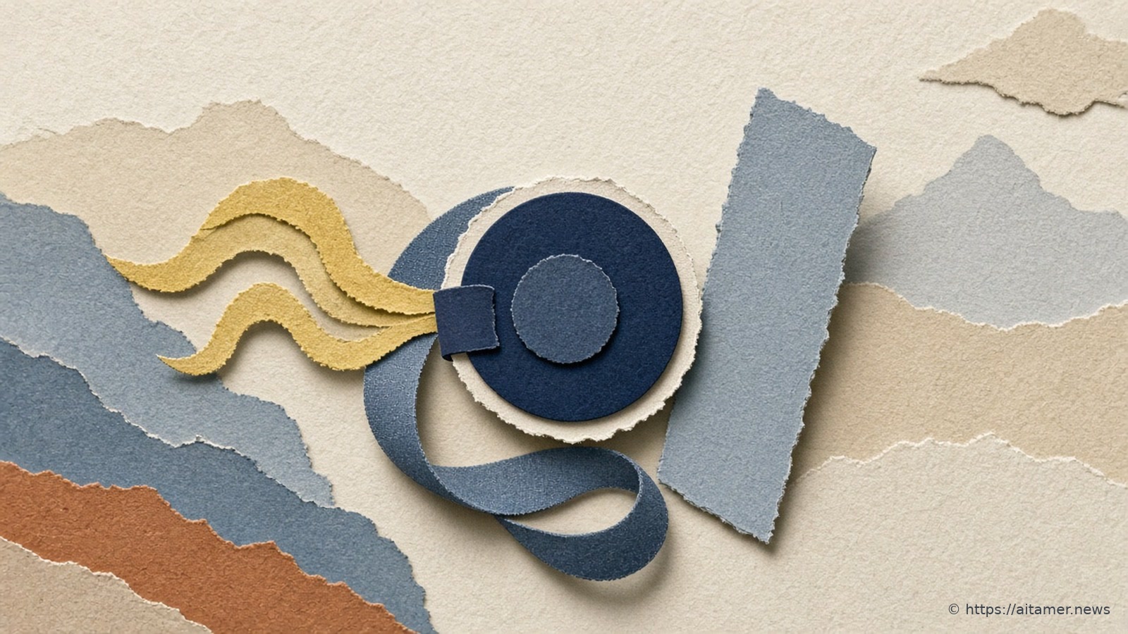 A navy cut-paper disc partly covering a pale blue circle like an eclipse, with sulfur-yellow ribbons flowing toward it over layered paper hills.