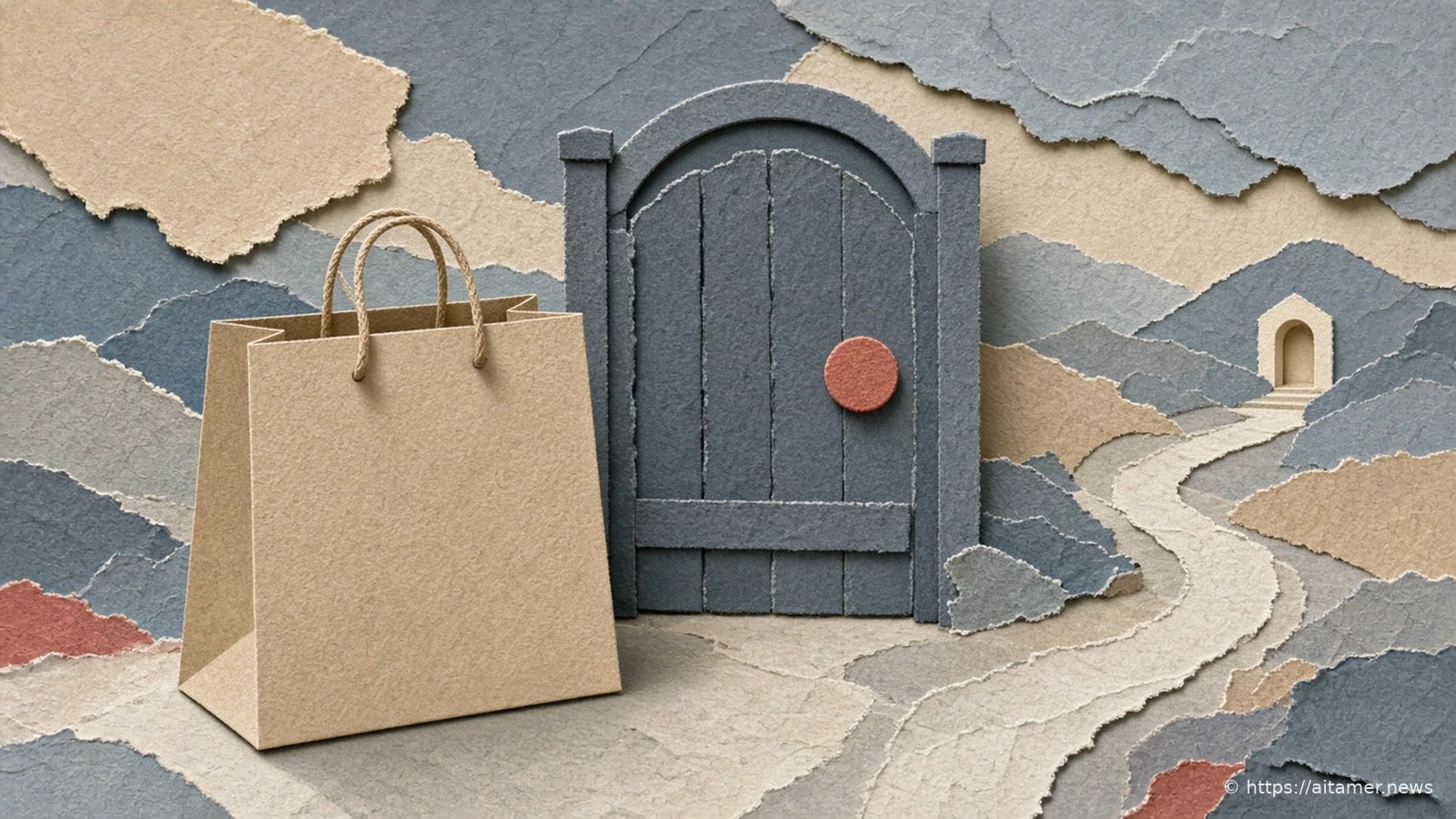 A kraft paper shopping bag beside a slate-blue gate with one coral knob, on layered cream hills.