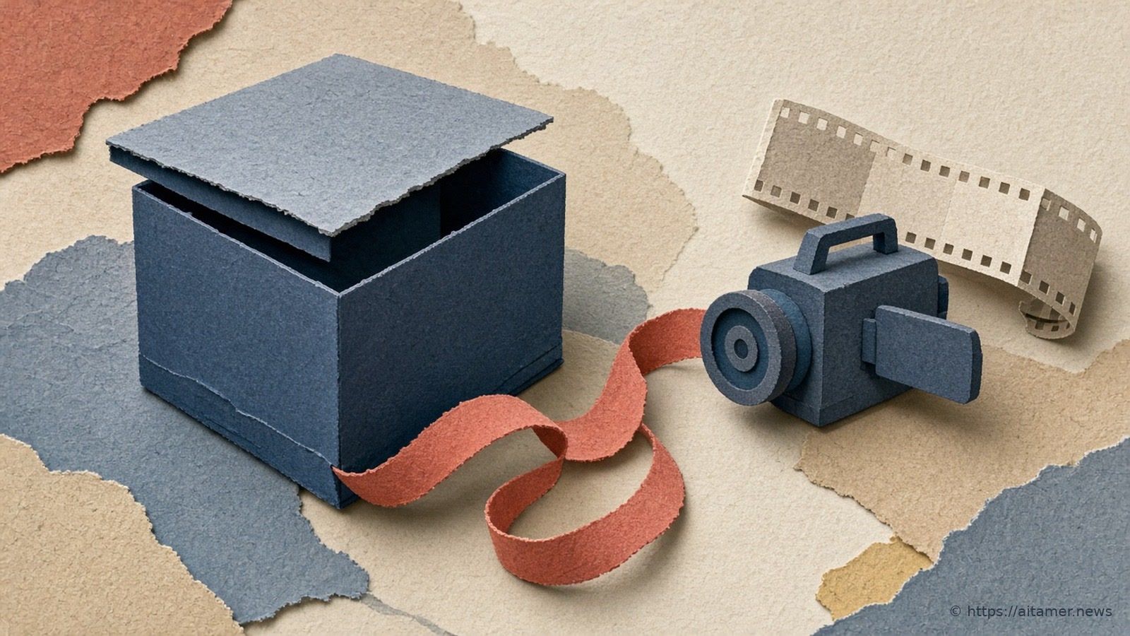 A paper-cut blue box with its lid lifted, a red ribbon trailing from it toward a small blue video camera and a strip of film.