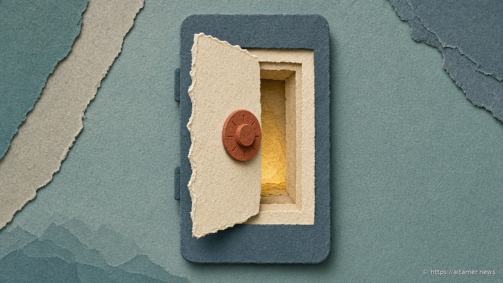 Paper-cut illustration of a slate-blue smartphone whose cream screen opens like a vault door with a rust dial lock, revealing a warm yellow glow inside, on muted teal paper.