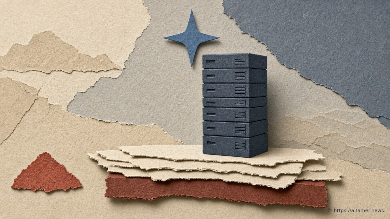 A navy paper server rack stands on a stack of cream paper sheets over a rust slab, under a four-point slate-blue star on tan and grey paper.