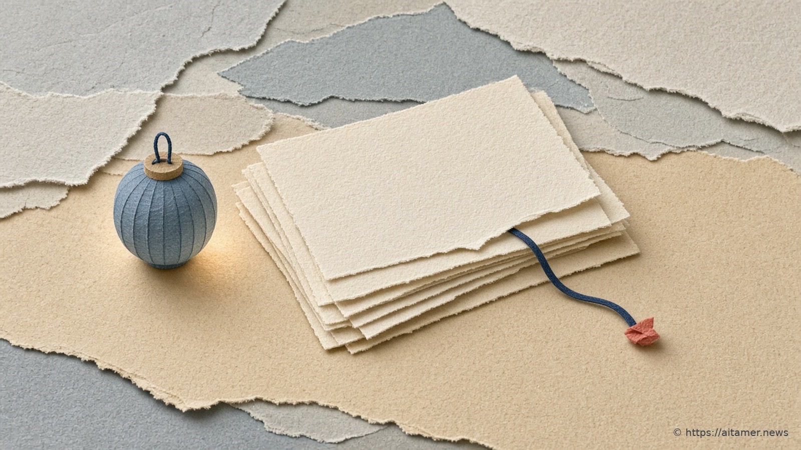 A stack of plain cream cards with one askew card trailing a navy thread, beside a dusty blue paper lantern, on blue-grey paper layers.