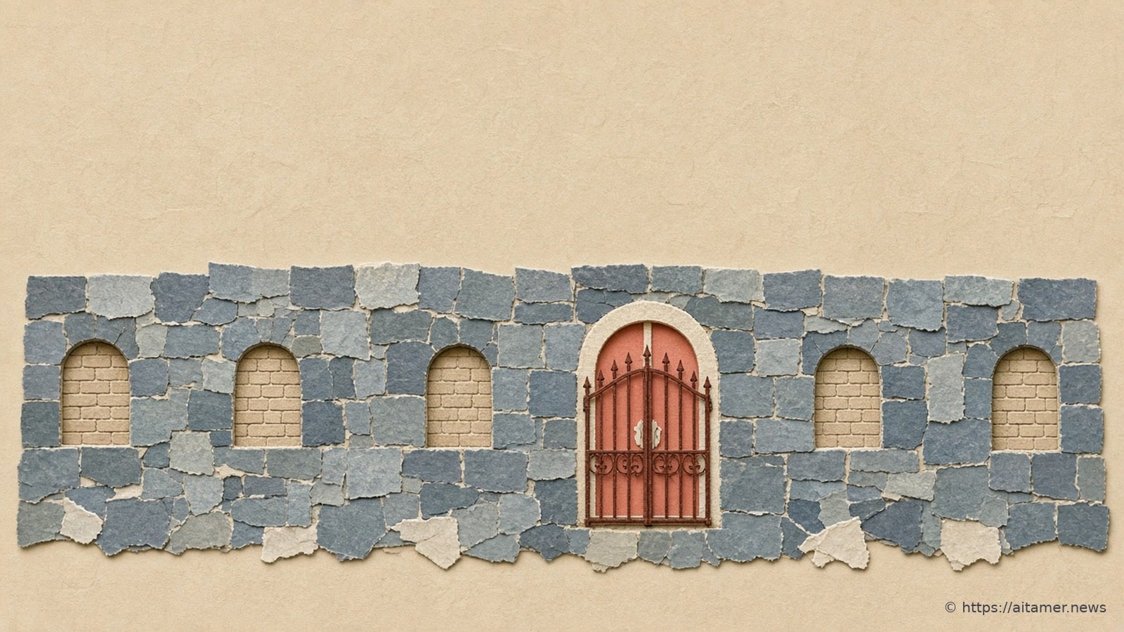 Paper-cut illustration of a long slate-blue stone wall with five bricked-up arches and one open arch fitted with a rust-red iron gate.