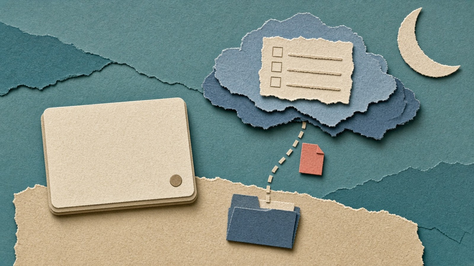 Paper-cut collage of a closed cream laptop on a sand desk beside a blue folder, with a dashed thread carrying one coral page up to a slate-blue cloud holding a checklist card, under a pale crescent moon on muted teal.