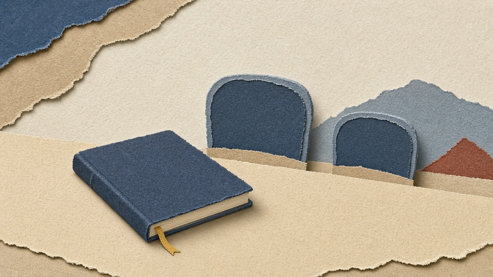 Navy felt notebook on cream torn-paper hills, with two empty chair backs behind it against layered blue and rust peaks.