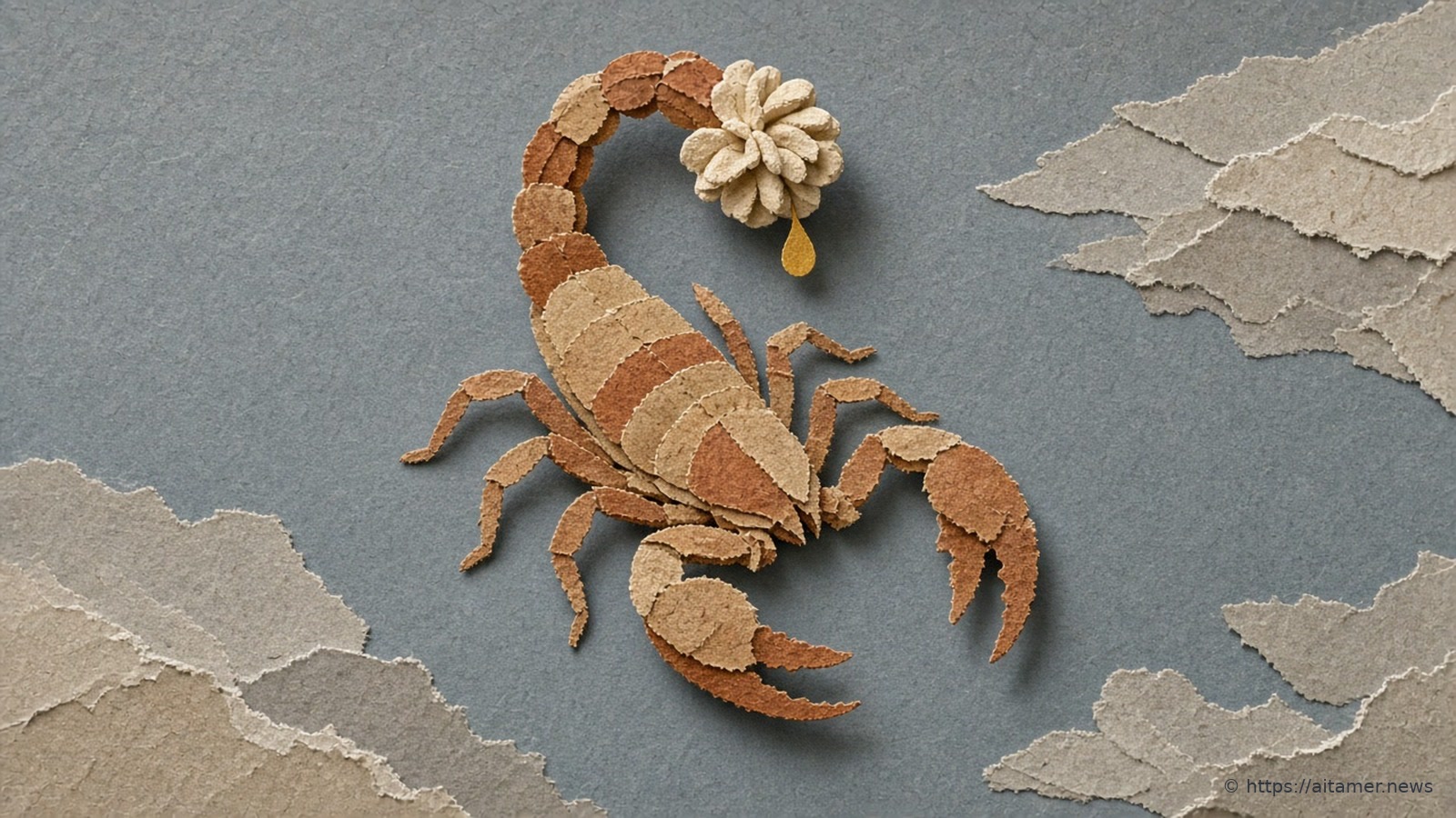 A rust and sand paper scorpion on a slate-grey background curls its tail over its back, holding a cream cluster of rounded paper beads and a small yellow drop at the stinger, between torn grey paper layers.