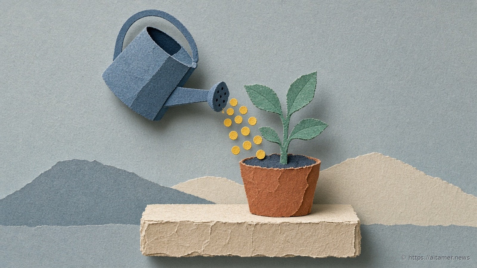 Paper-cut seedling in a rust pot on a cream block, with a slate watering can pouring a stream of yellow coins.
