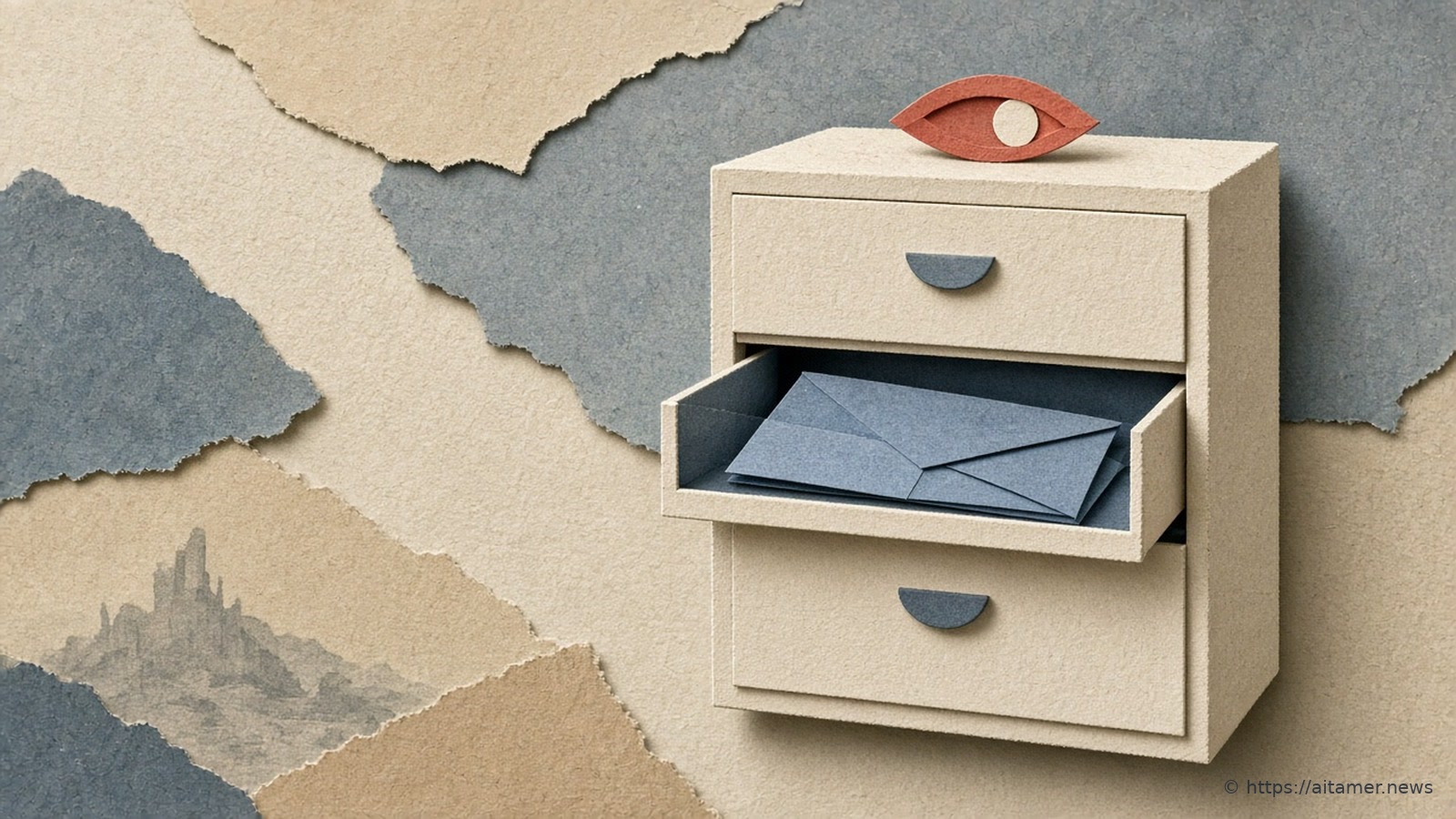 A cream paper filing cabinet with one drawer open on a slate envelope, a coral eye on top, on slate and sand layers.