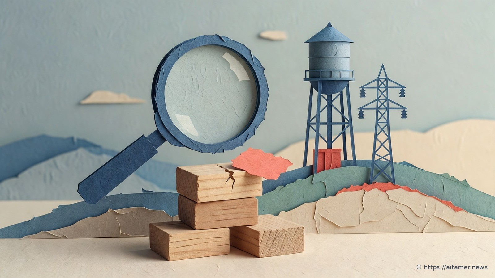 Paper-cut illustration of a large slate magnifying glass over a stack of wooden blocks, one cracked with a coral patch nearby, beside a water tower and an electricity pylon on a green hill.