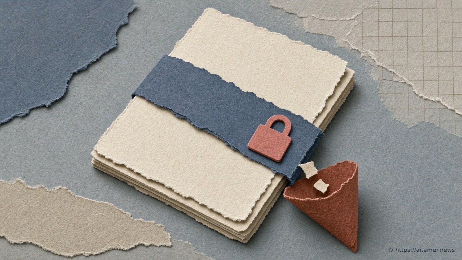 A cream cut-paper notebook bound shut by a slate-blue band with a small coral padlock, beside a rust-red paper funnel catching only two tiny scraps.