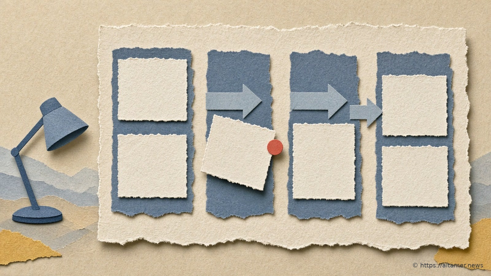 A cream paper board with four slate-blue columns of blank cards linked by arrows, one card pinned askew with a coral pin, beside a blue desk lamp.
