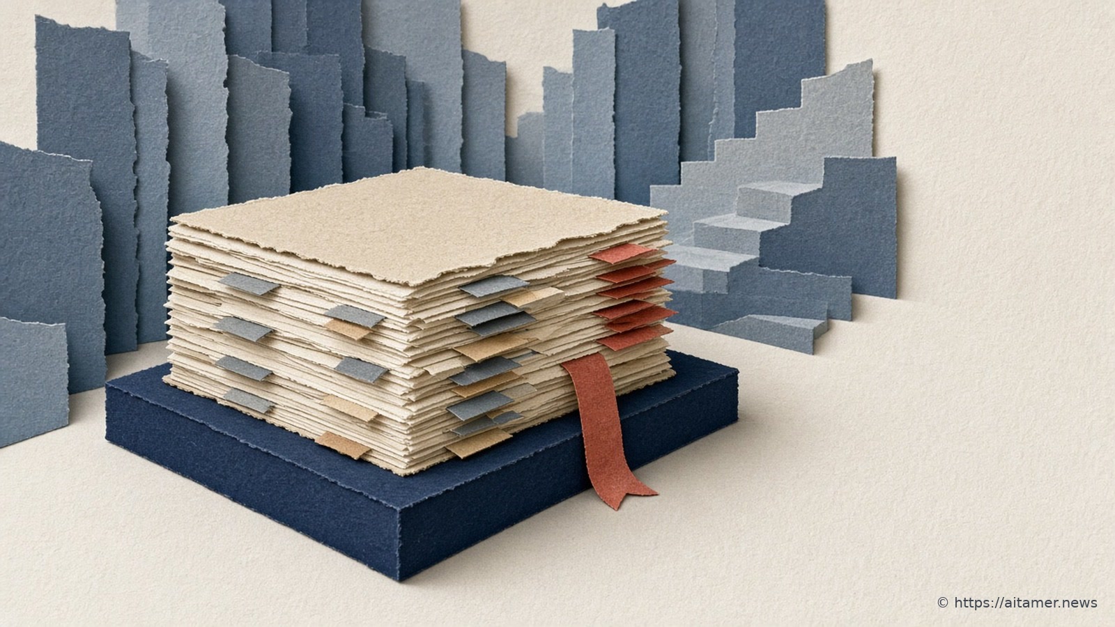 Cut-paper illustration of a very thick bound filing on a pedestal, bristling with tabs, a cluster of rust-red tabs marking a heavy risk section.