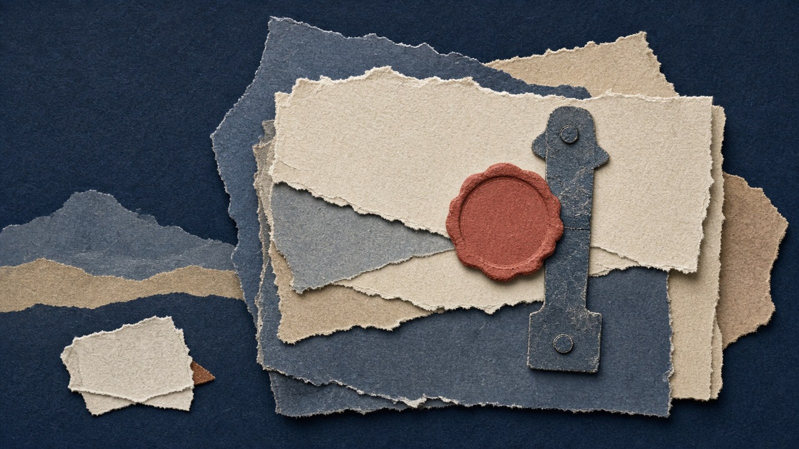 Torn navy research papers on a deep blue ground, held by a blank rusty-red wax seal and a steel paper clasp.