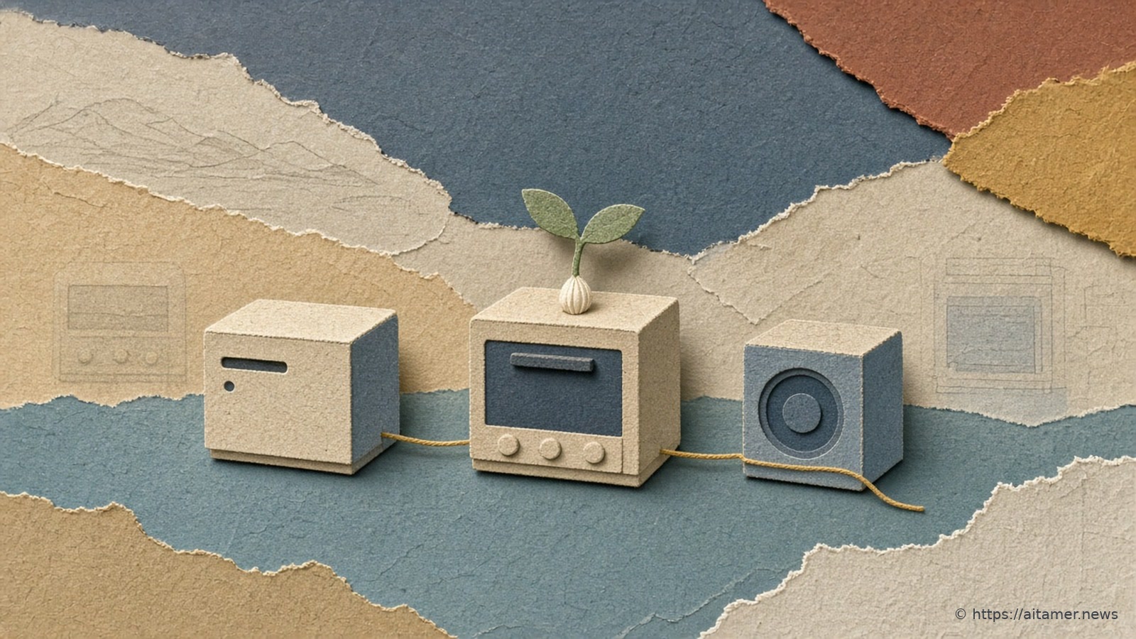 Three small cut-paper household boxes, a set-top box, a little oven and a speaker, linked by a yellow thread, with a tiny sprout growing on the oven.
