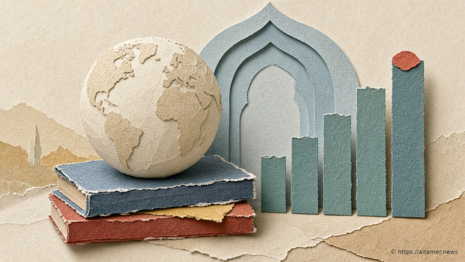 A cream paper globe resting on blue and rust books beside five rising teal paper bars, the tallest tipped with coral, in front of a pale blue layered arch.