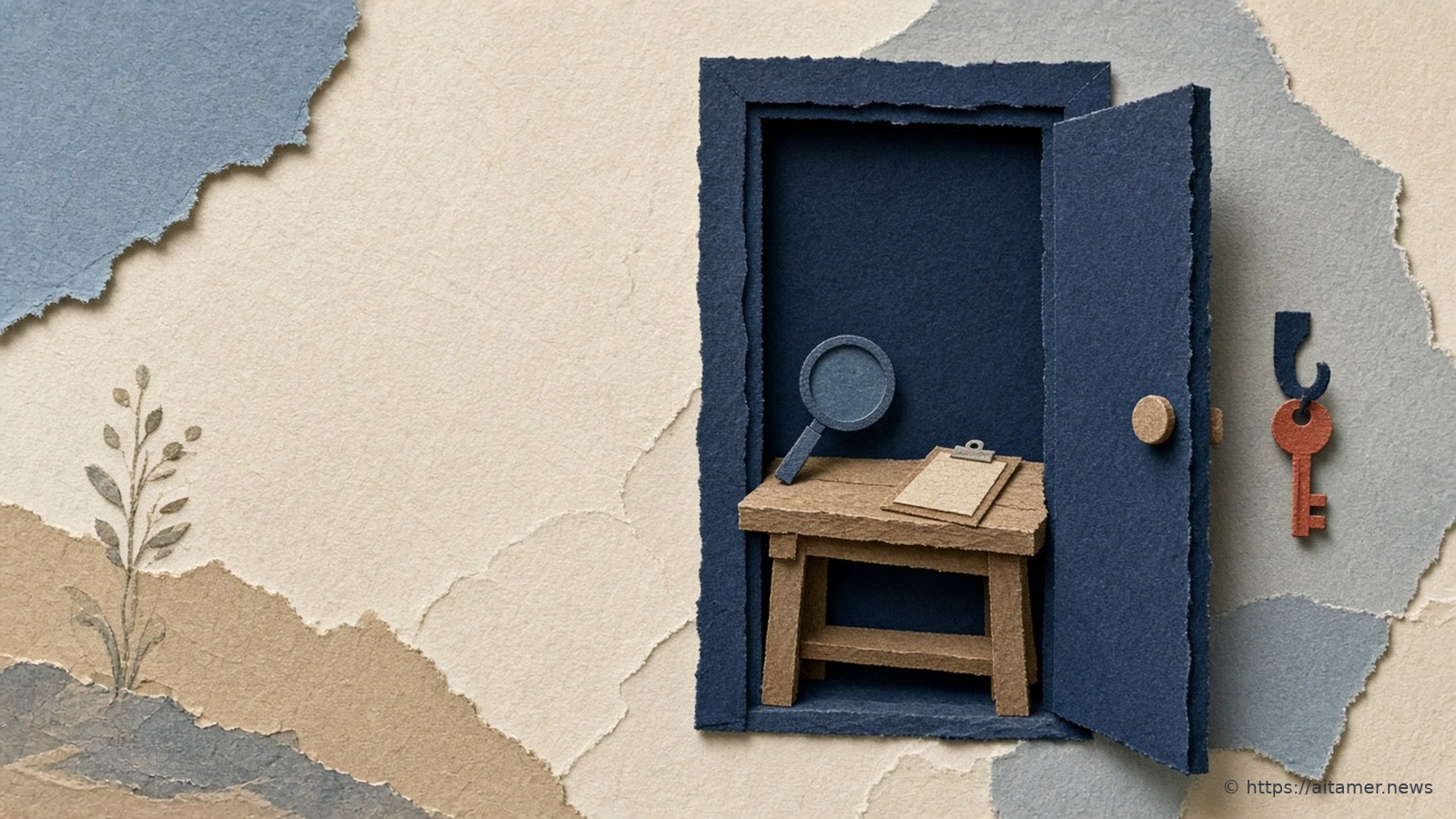 An open navy paper doorway revealing a small wooden desk with a magnifying glass and clipboard, a coral key hanging on a hook beside it.