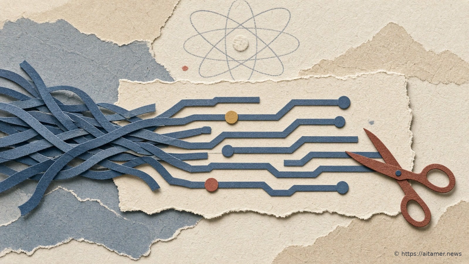 Tangled slate-blue paper strands straighten into neat circuit lines on a cream card, rust scissors trimming one end, a faint atom sketch above.