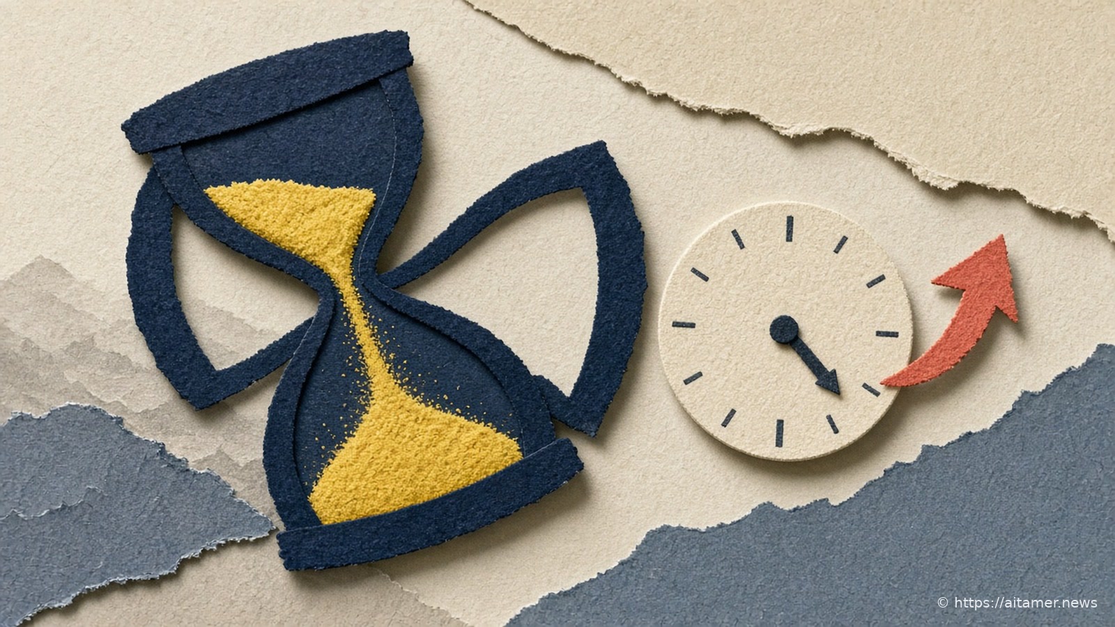 A navy paper hourglass with yellow sand beside a cream clock face and a coral arrow sweeping upward, on cream and slate layers.