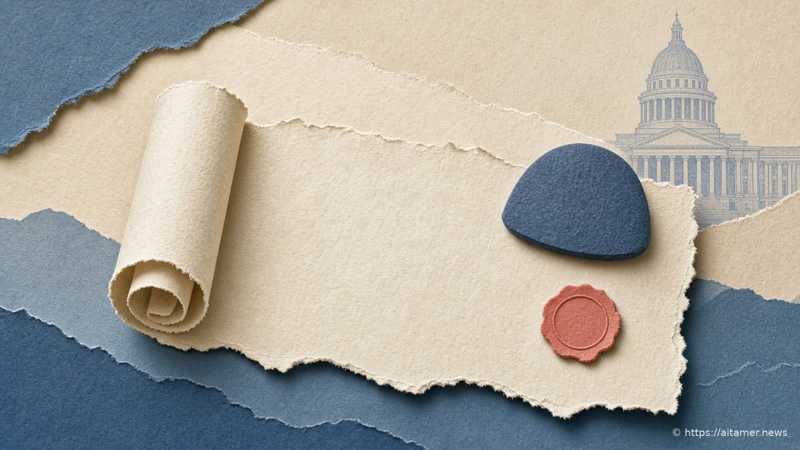 A cream paper scroll unrolls beneath a faint Capitol dome, with a navy paper stone resting on it and a coral wax seal near its edge.