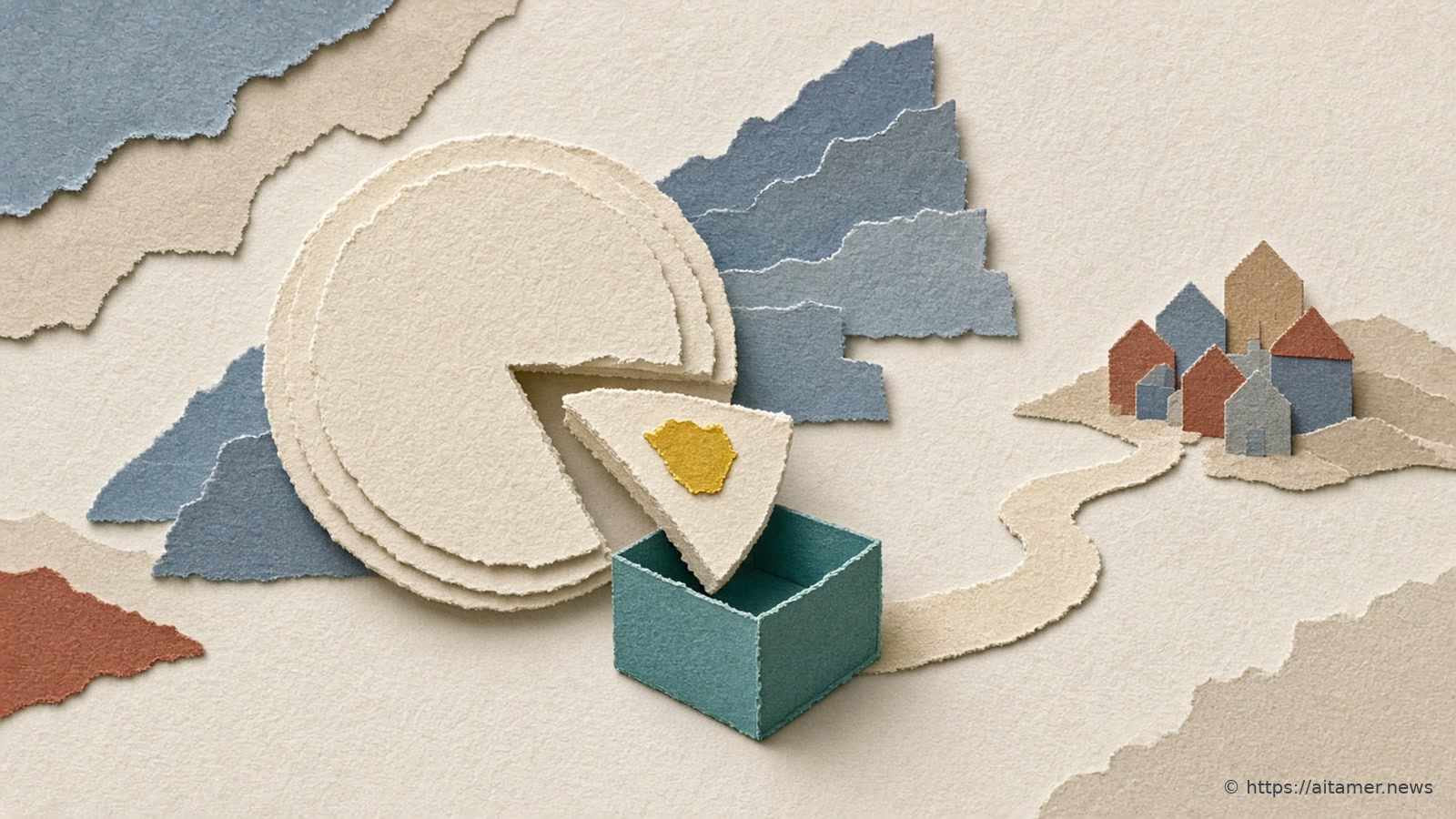 A layered cream paper disc has one wedge, marked with a yellow patch, lifted into an open teal paper box, with a sand paper path winding to a cluster of small paper houses.