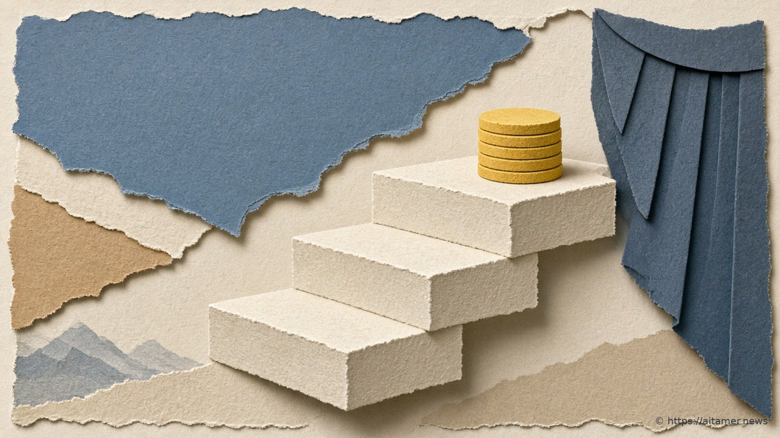 Three ivory paper steps rising steeply toward a small stack of sulfur-yellow paper coins, beside a slate-blue paper curtain drawn partly open.
