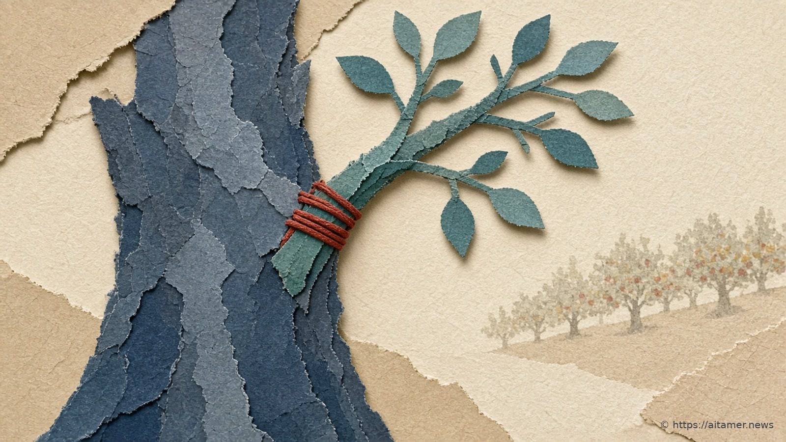 A tall slate-blue cut-paper tree trunk with a muted-teal leafy cutting bound to it by rusty-red cord, small cream trees in the distance.