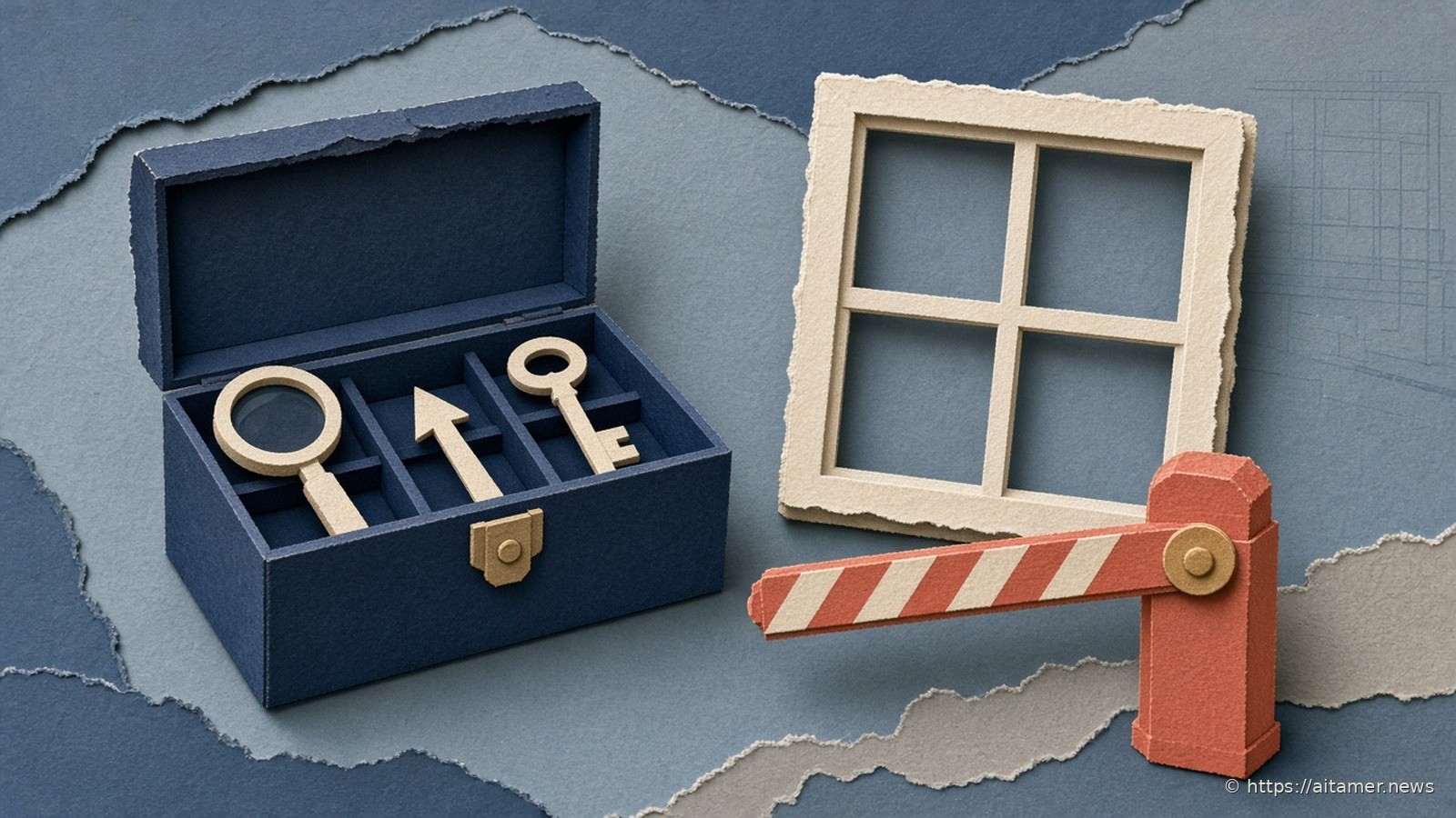 Paper-cut navy toolbox holding a magnifier, pointer arrow and key, beside a blank window frame and a coral boom barrier gate.