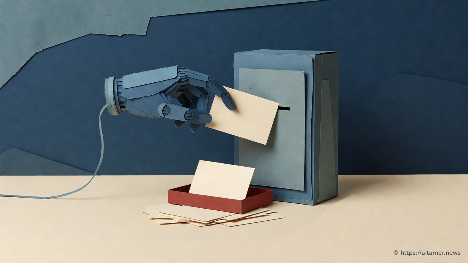 Paper-cut illustration of a jointed steel-blue mechanical hand on a cord pushing a blank cream card into the slot of a tall blue paper box, beside a rust-red tray holding another blank card above a loose pile of cards.
