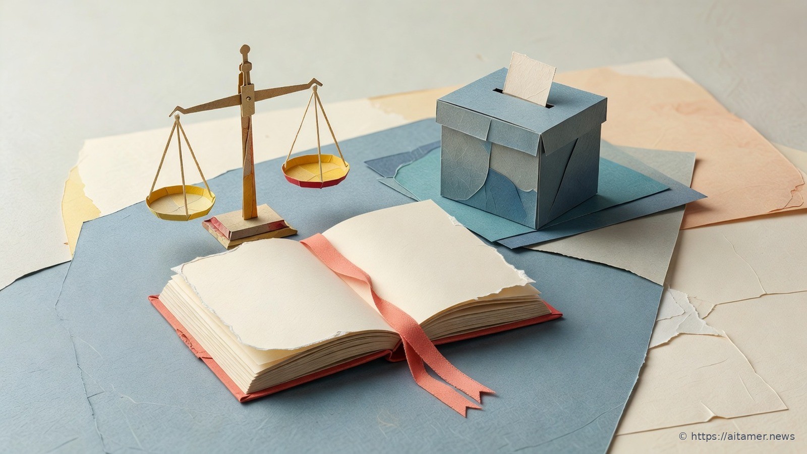 Paper-cut illustration of an open book with blank cream pages and a coral ribbon bookmark on a slate surface, a brass balance scale beside it and a small ballot box behind.
