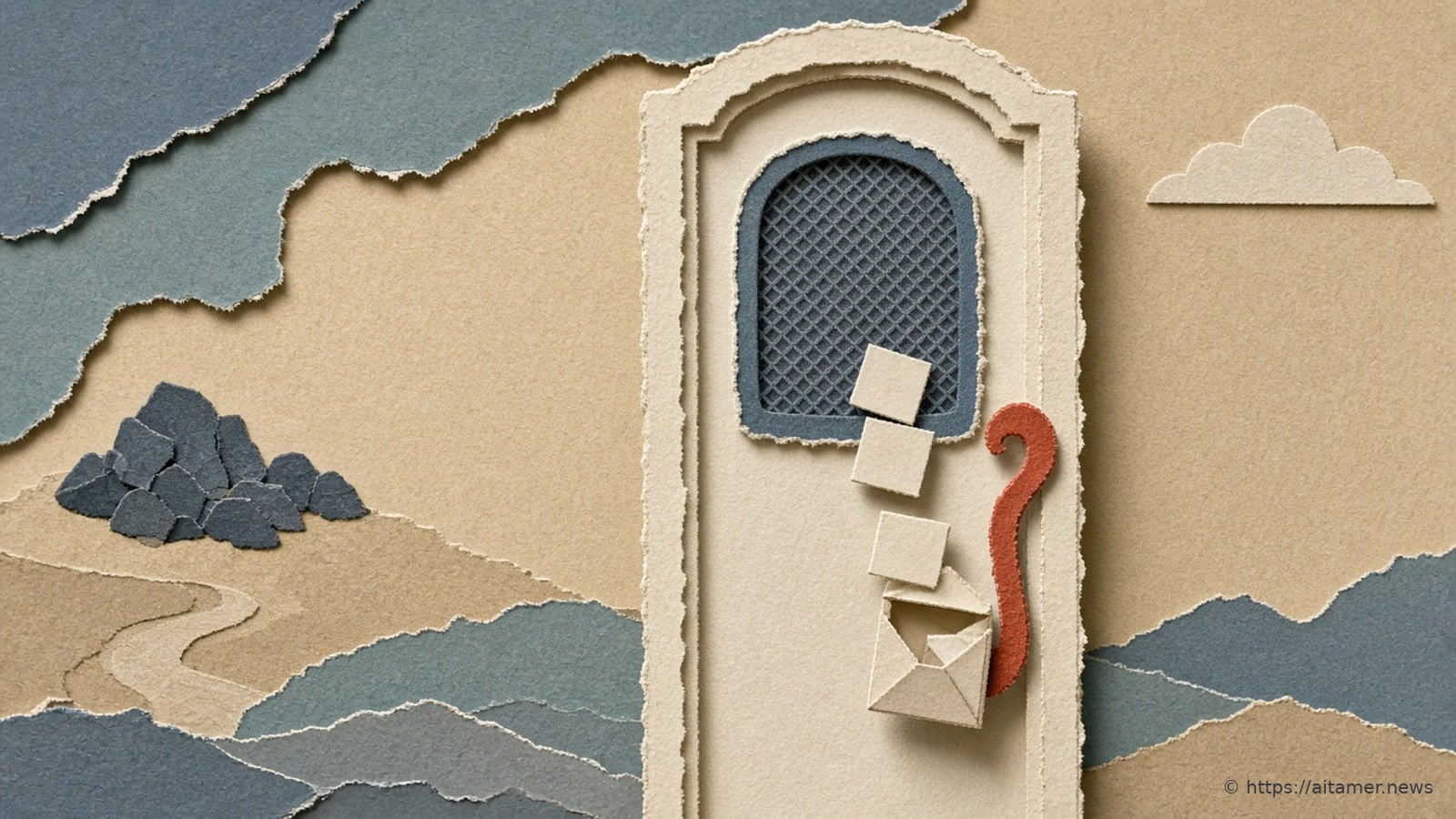 A tall cream paper door with a navy lattice window, small paper squares and an envelope sliding down it, and a coral paper hook on its edge.