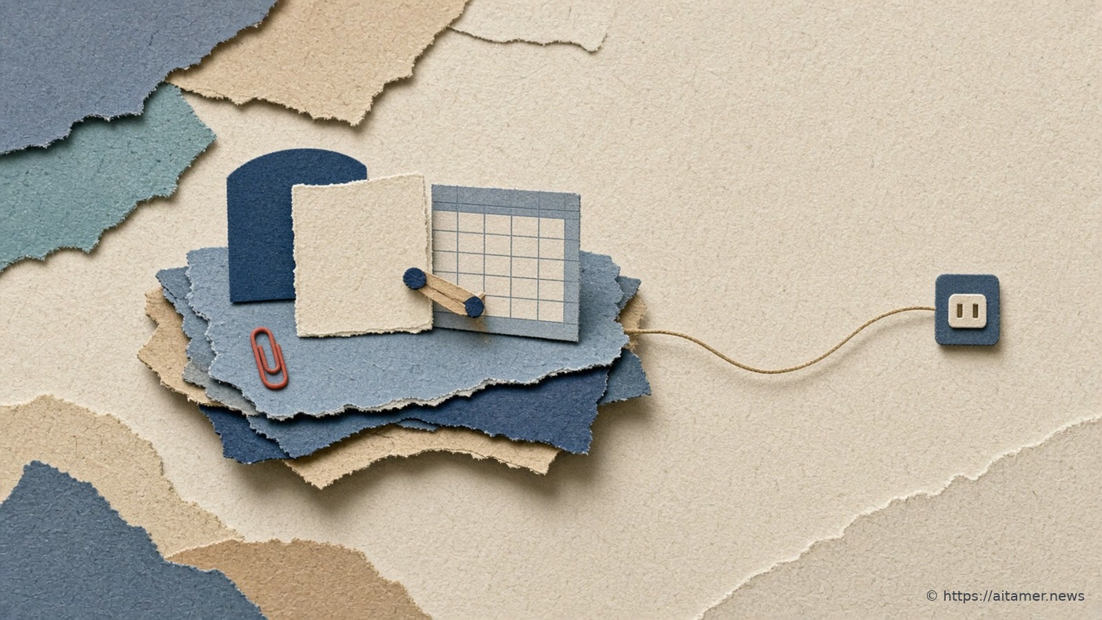 A paper-cut collage of a creative desk with slide, page and grid documents and a small helper arm rearranging a sheet.
