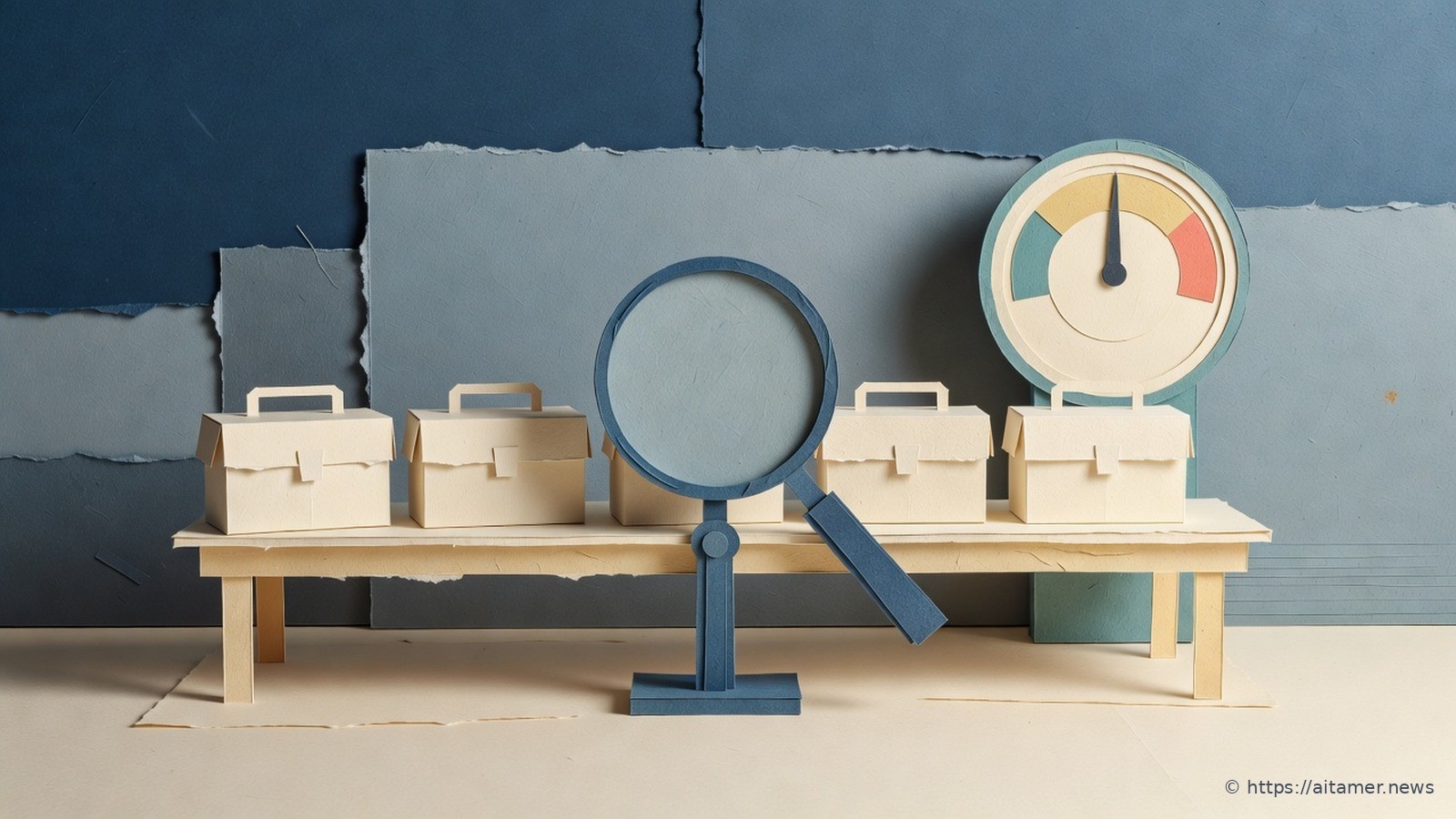 Paper-cut illustration of a row of cream toolboxes on a long workbench, a slate magnifying glass on a stand leaning toward one, and a round dial gauge with sand, teal and coral zones.