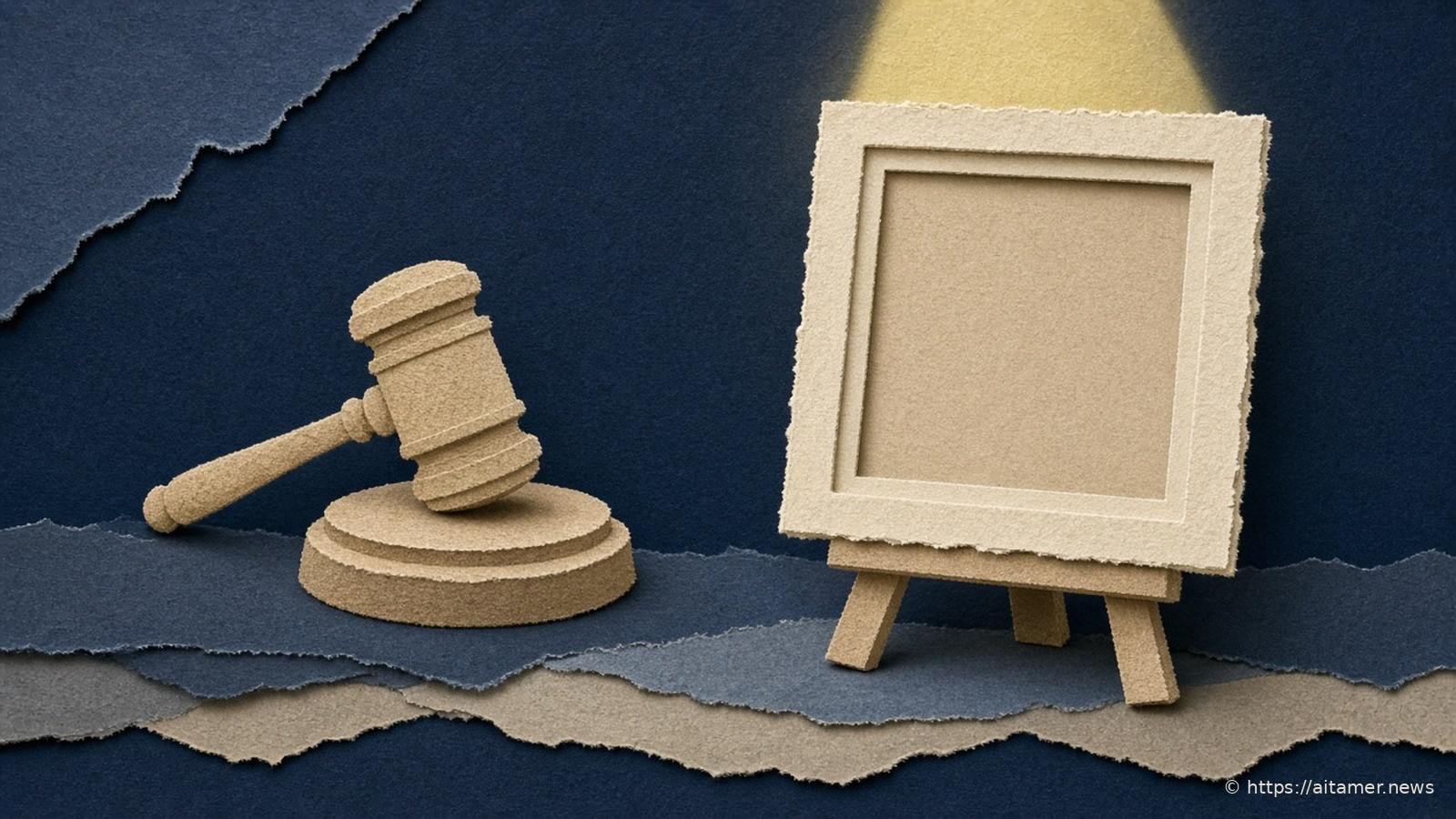 Paper-cut sand gavel on its block beside an empty cream frame on an easel, lit by a pale yellow beam against navy layers.