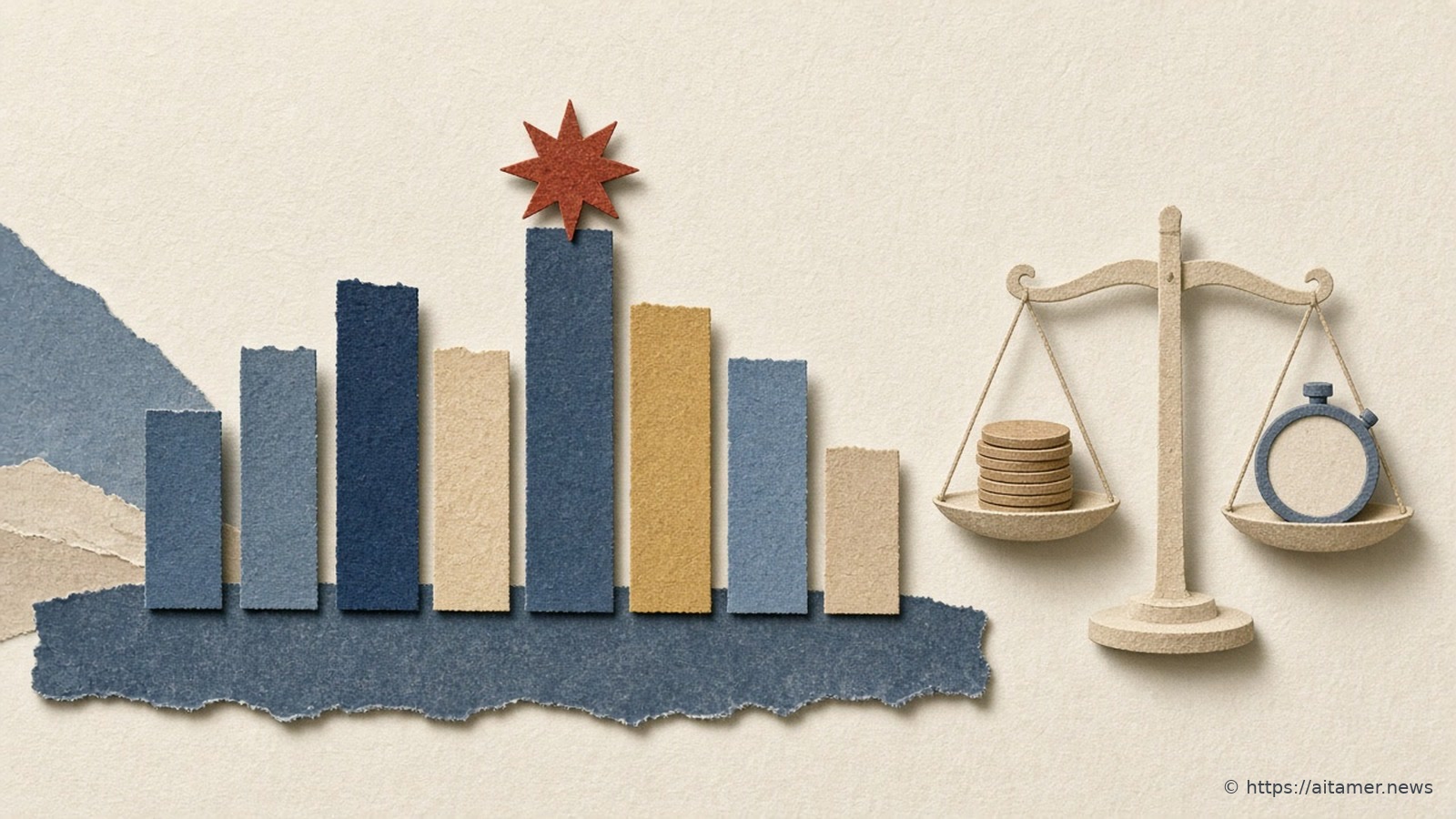 Paper collage of eight bars of different heights with a small red star on the tallest, next to a balance scale weighing a stack of coins against a stopwatch.